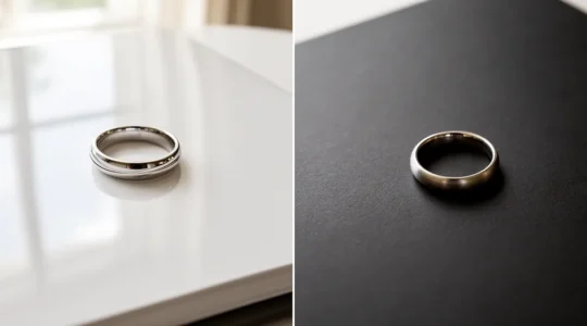 Comparaison visuelle entre papier photo brillant et mat pour album de mariage, montrant les différences de texture et de rendu