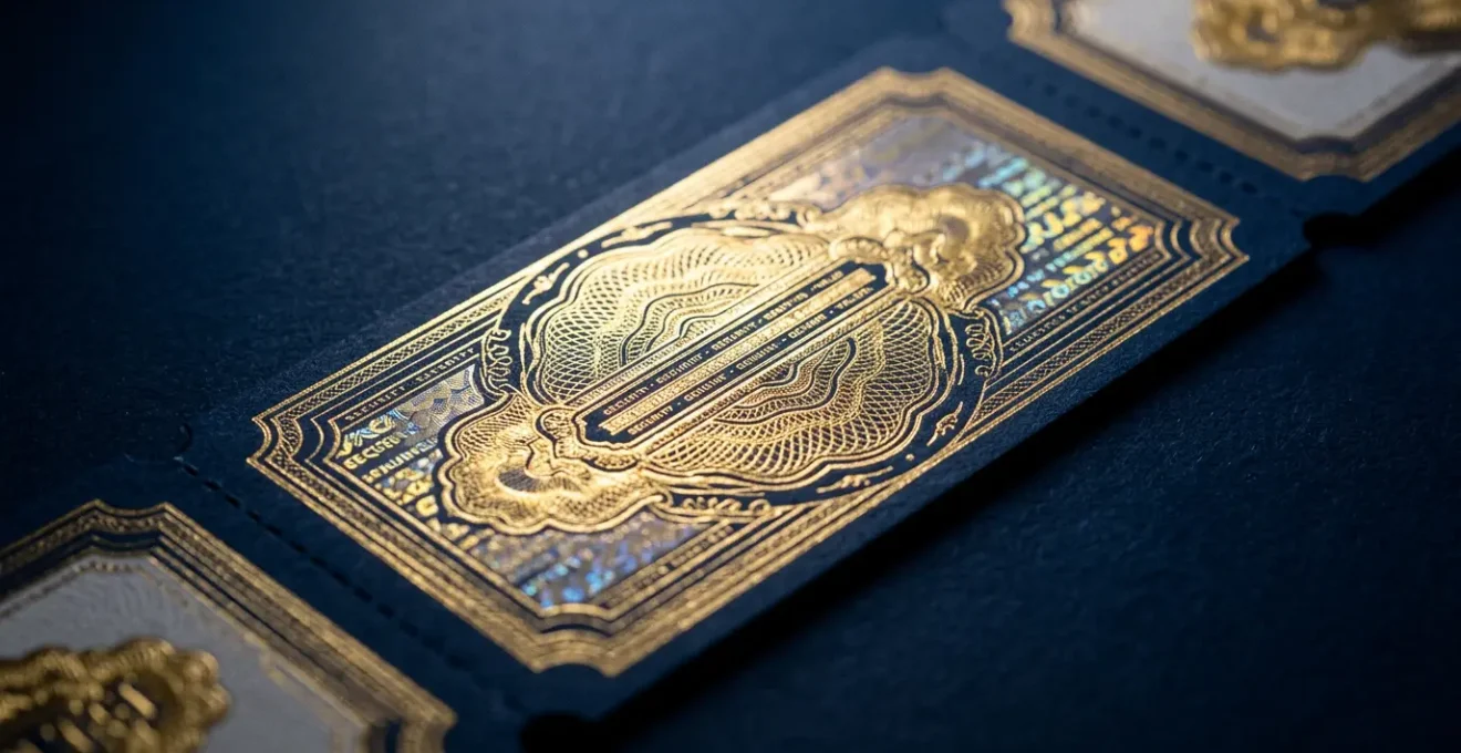 Effet de lumière révélant les détails de sécurité dorés sur des billets d'événement dans un environnement contrôlé