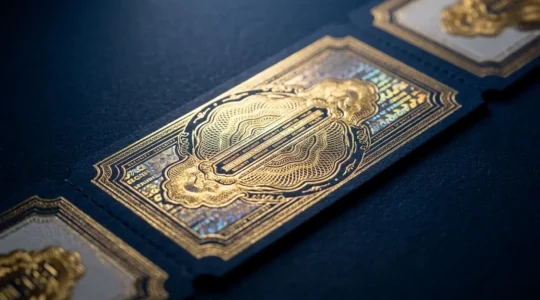 Effet de lumière révélant les détails de sécurité dorés sur des billets d'événement dans un environnement contrôlé