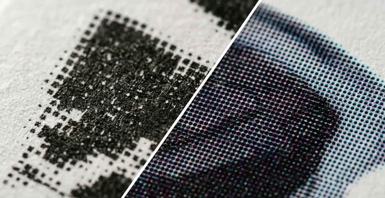 Comparaison visuelle entre une image 72 DPI et 300 DPI sur une brochure imprimée