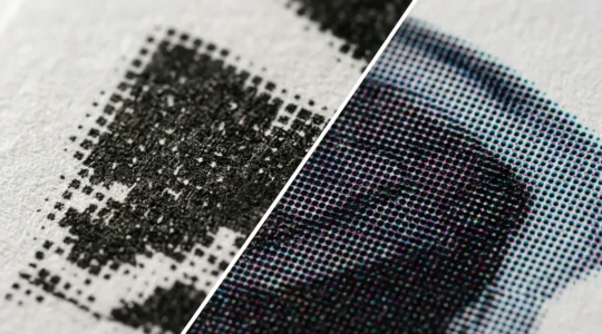 Comparaison visuelle entre une image 72 DPI et 300 DPI sur une brochure imprimée