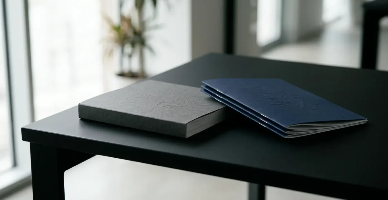 Brochures haut de gamme avec différentes reliures sur bureau design