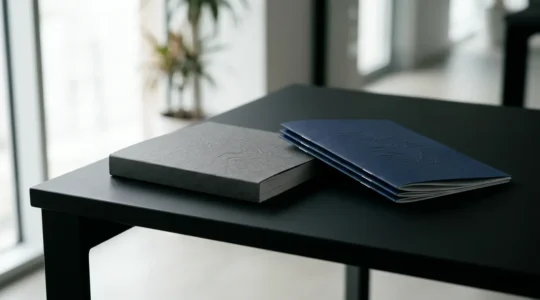 Brochures haut de gamme avec différentes reliures sur bureau design