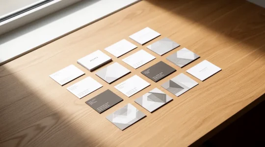 Bureau professionnel épuré avec cartes de visite élégamment disposées sur table en bois