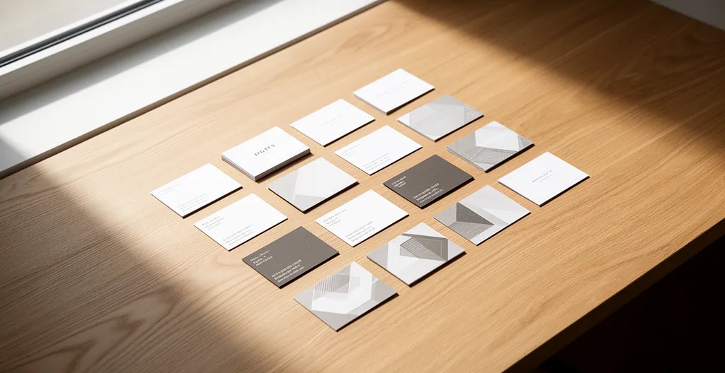 Bureau professionnel épuré avec cartes de visite élégamment disposées sur table en bois