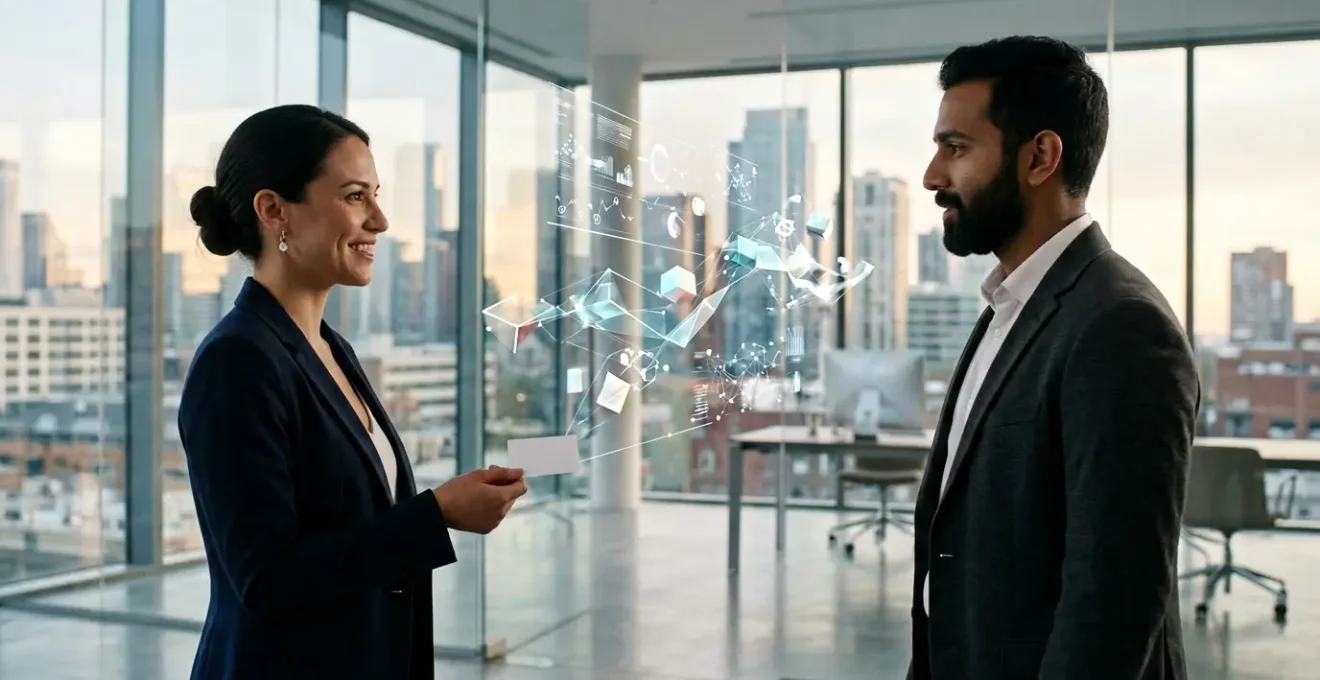 Échange professionnel moderne avec une carte de visite augmentée projetant des éléments holographiques
