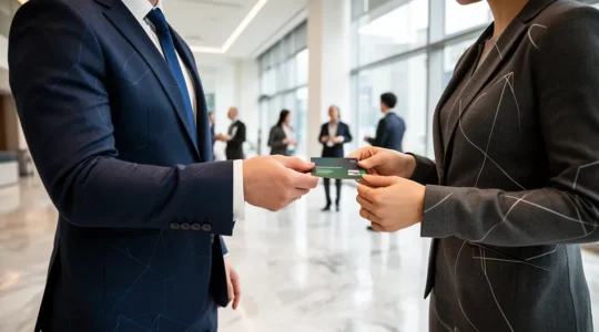 Comparaison visuelle entre carte de visite standard et format mini lors d'un événement de networking