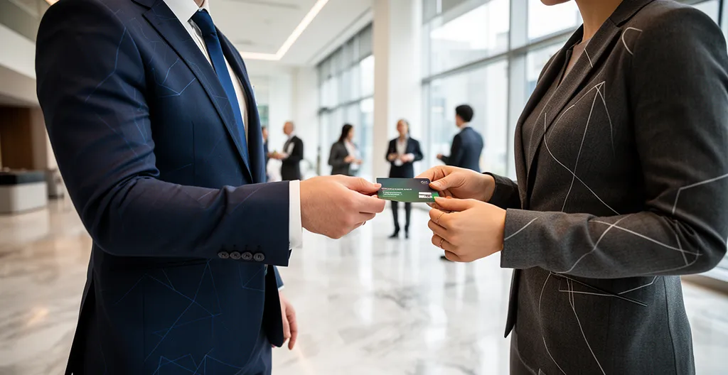 Comparaison visuelle entre carte de visite standard et format mini lors d'un événement de networking