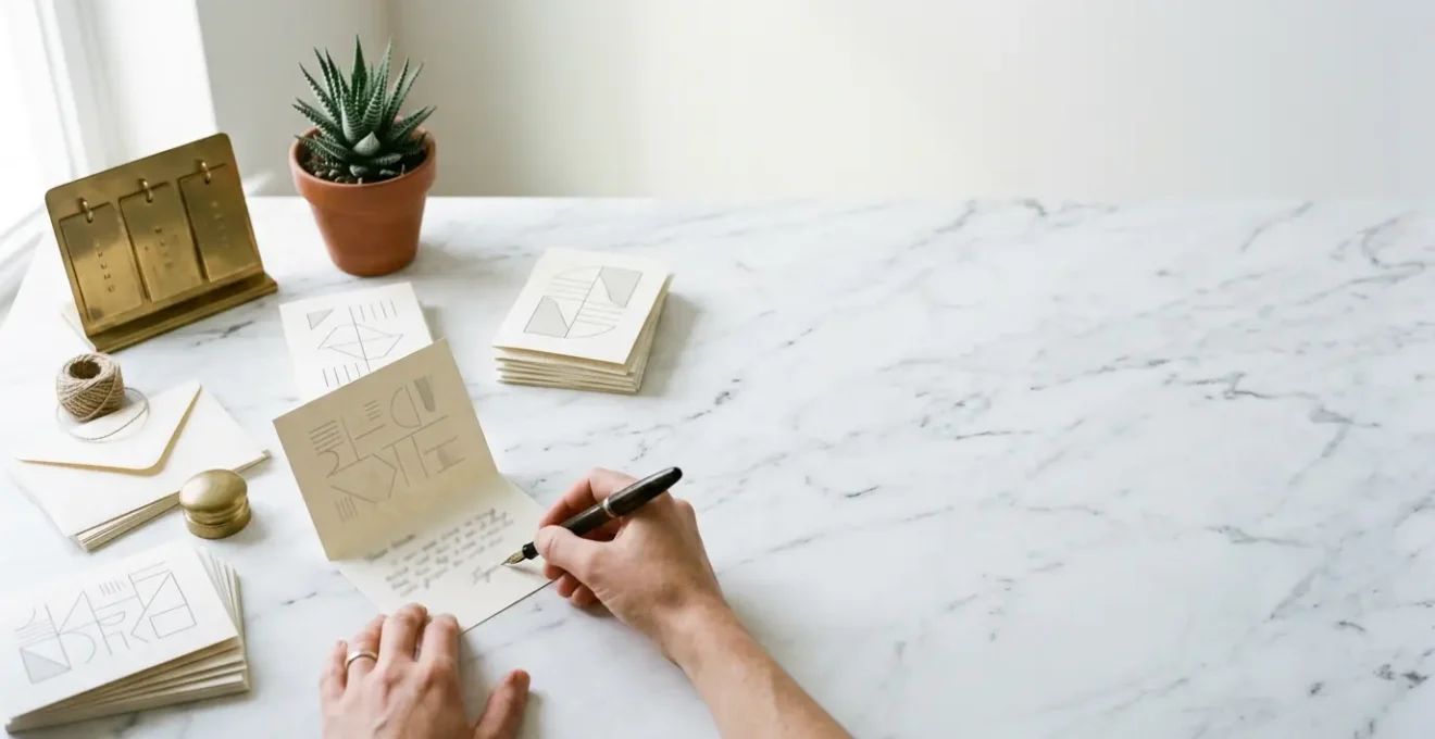 Vue aérienne d'un bureau moderne avec des cartes de vœux professionnelles et des outils de marketing