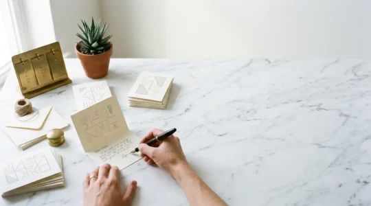 Vue aérienne d'un bureau moderne avec des cartes de vœux professionnelles et des outils de marketing