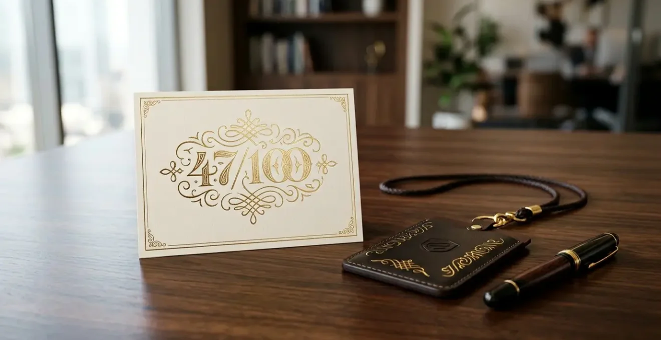 Composition artistique d'invitations haut de gamme avec numérotation dorée et badge événementiel VIP sur table de bureau executive