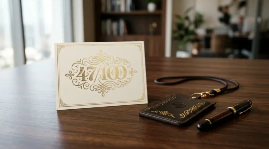 Composition artistique d'invitations haut de gamme avec numérotation dorée et badge événementiel VIP sur table de bureau executive