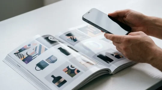 Catalogue papier ouvert avec puce NFC intégrée et smartphone approchant pour interaction sans contact