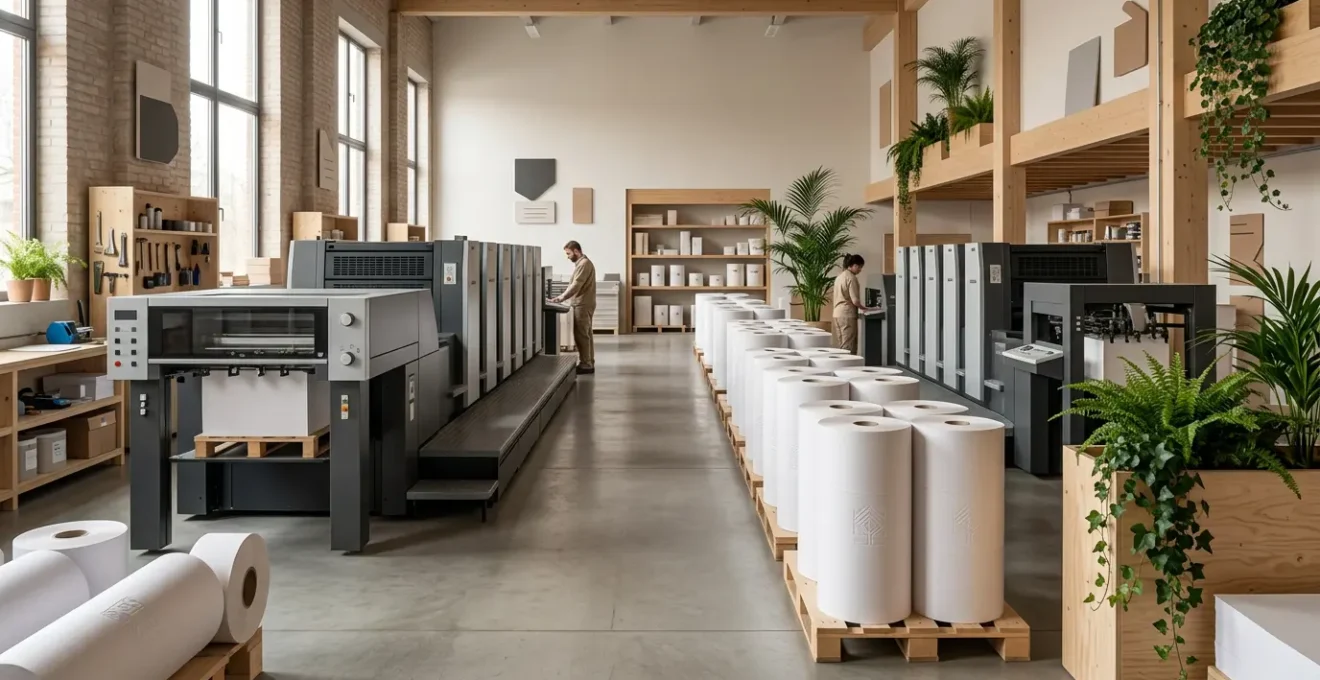 Vue en perspective d'un atelier d'impression moderne avec papiers certifiés et logos de certification forestière subtilement intégrés