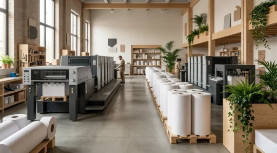 Vue en perspective d'un atelier d'impression moderne avec papiers certifiés et logos de certification forestière subtilement intégrés