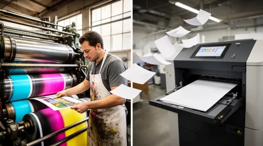Comparaison visuelle entre une presse offset industrielle et une imprimante numérique dans un atelier d'impression professionnel