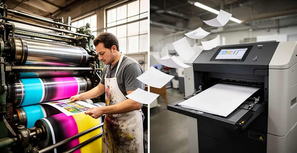 Comparaison visuelle entre une presse offset industrielle et une imprimante numérique dans un atelier d'impression professionnel