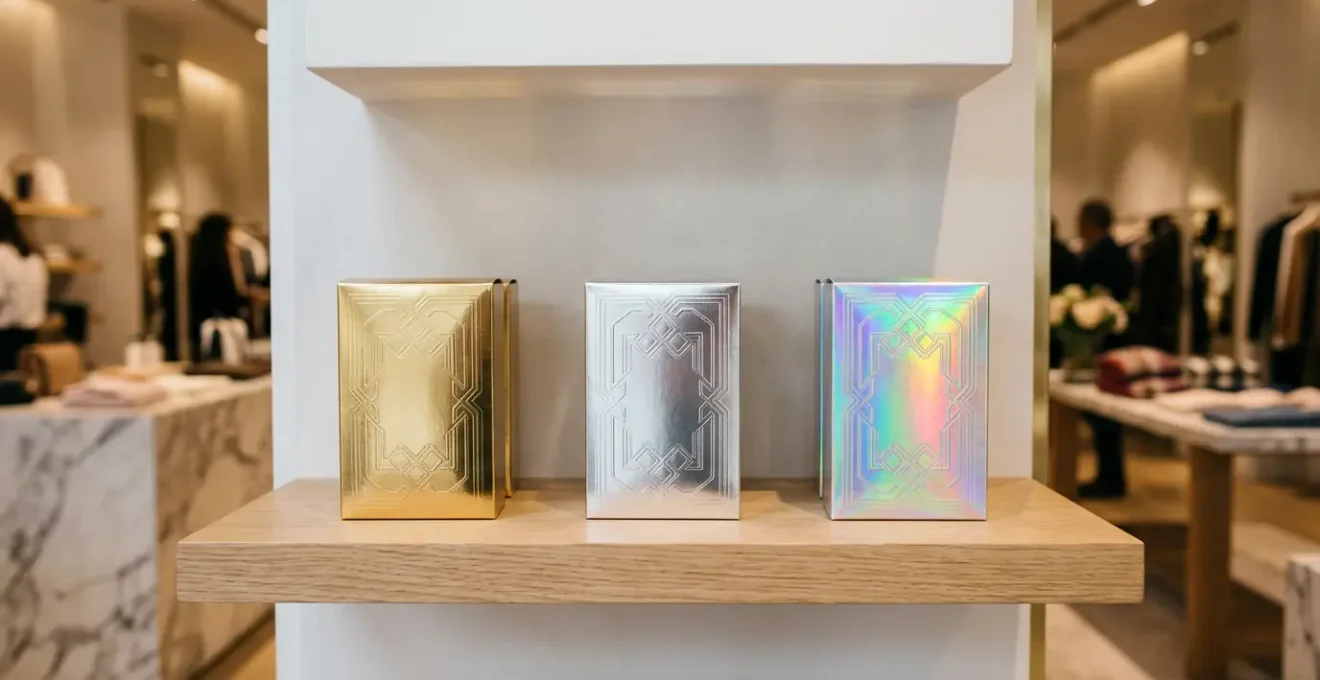 Comparaison visuelle des effets métallisés dorure à chaud or, argent et hologramme sur packaging de luxe