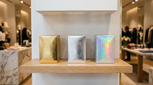 Comparaison visuelle des effets métallisés dorure à chaud or, argent et hologramme sur packaging de luxe