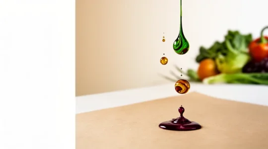 Encres végétales coulées sur papier kraft avec fruits et légumes frais en arrière-plan