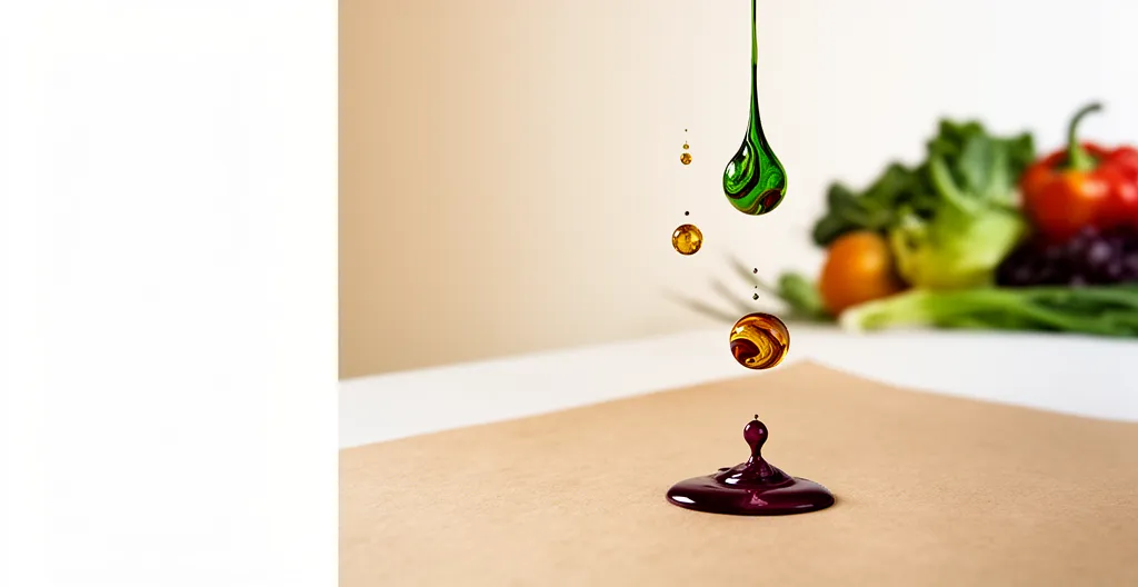 Encres végétales coulées sur papier kraft avec fruits et légumes frais en arrière-plan