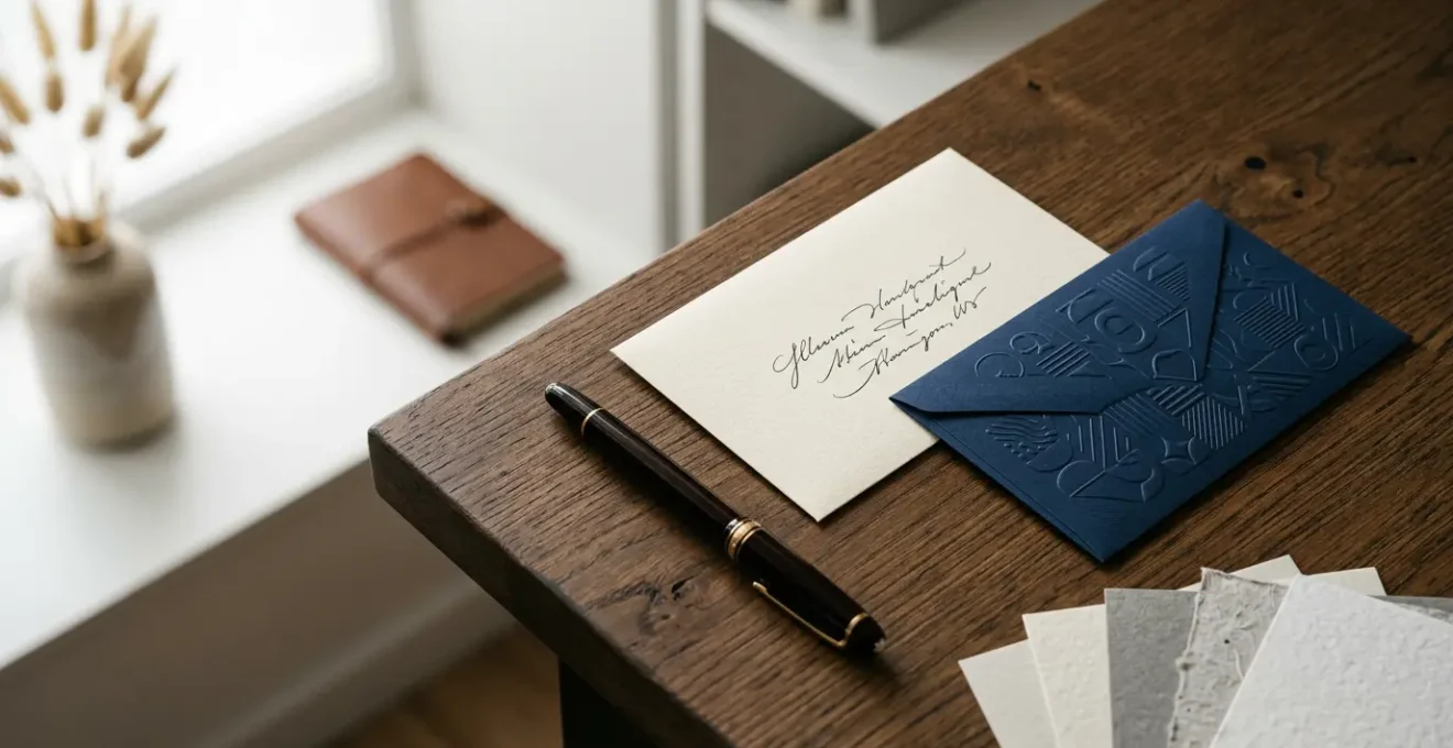 Bureau exécutif avec enveloppes manuscrites et imprimées, stylo plume, papier épais texturé sous lumière naturelle douce