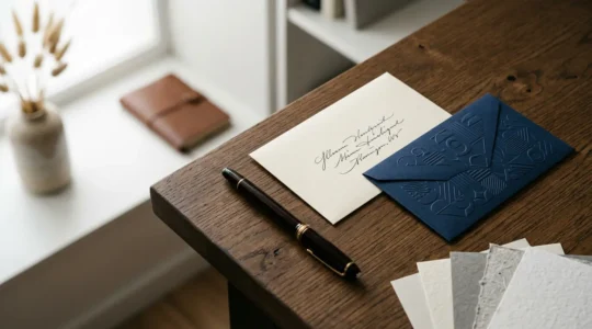 Bureau exécutif avec enveloppes manuscrites et imprimées, stylo plume, papier épais texturé sous lumière naturelle douce