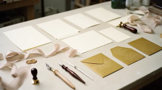 Table d'artisan avec faire-part de mariage en cours de création, échantillons de papier et enveloppes dorées