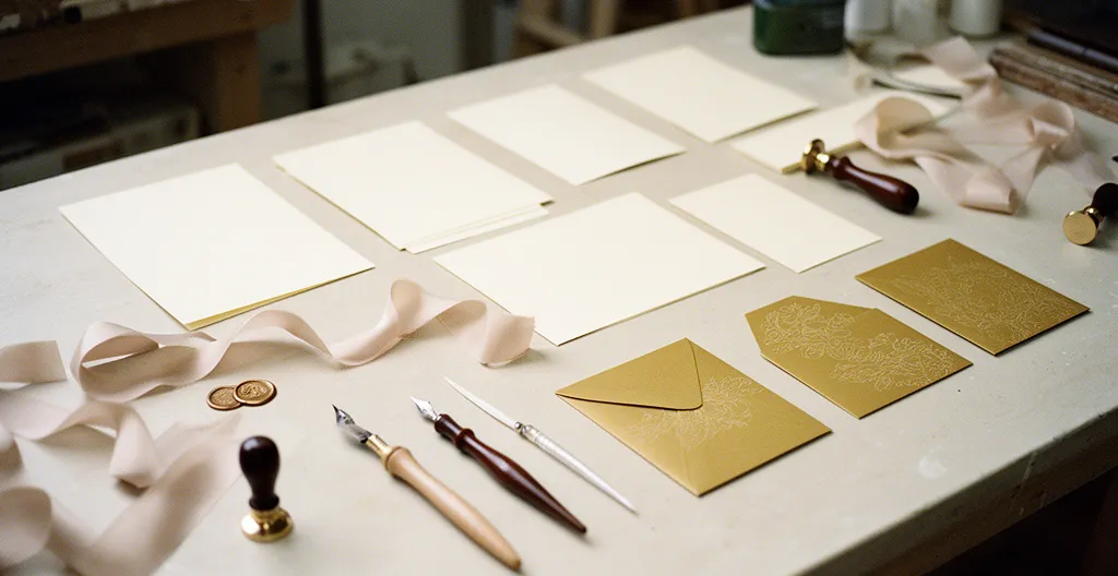 Table d'artisan avec faire-part de mariage en cours de création, échantillons de papier et enveloppes dorées