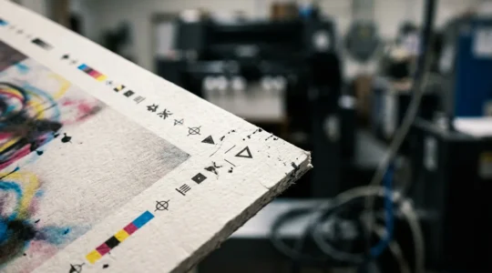 Vue macro des détails techniques d'un processus d'impression avec fonds perdus et marges de sécurité visibles