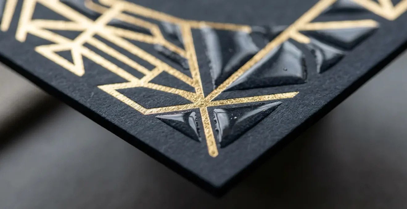 Détail macro d'une finition premium combinant dorure et vernis gonflant sur carte de visite haut de gamme