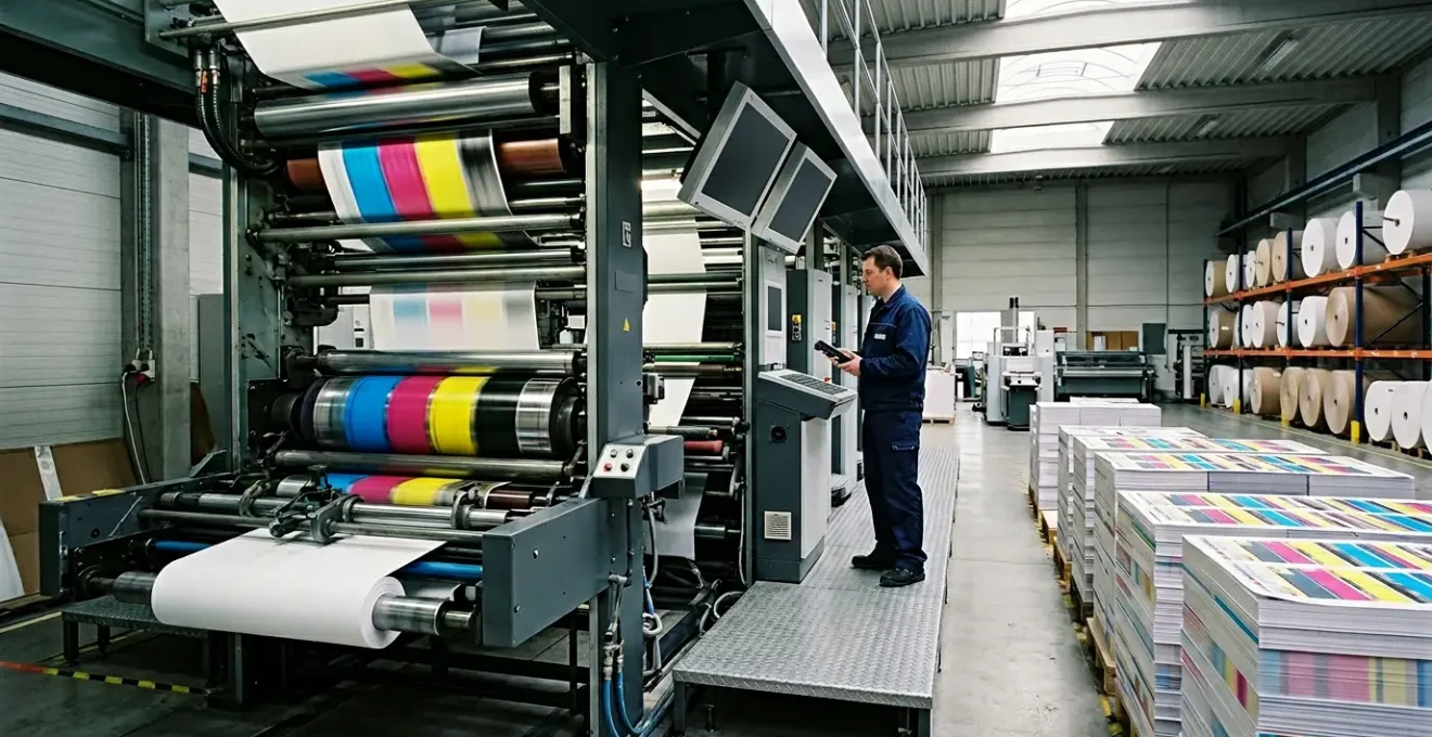 Atelier d'impression offset moderne avec presse industrielle en action, montrant les économies d'échelle