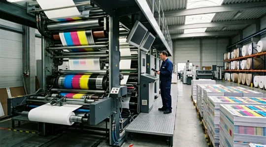 Atelier d'impression offset moderne avec presse industrielle en action, montrant les économies d'échelle