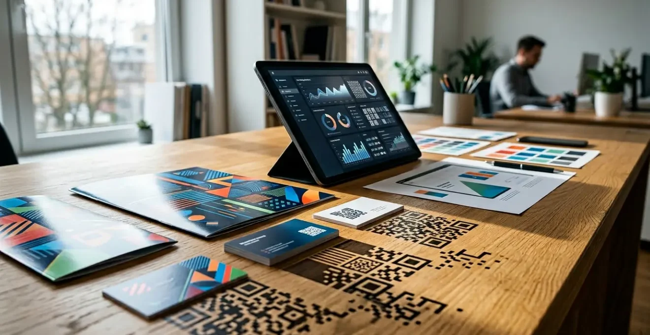 Composition hybride montrant des supports print professionnels et des éléments numériques en harmonie pour illustrer l'intégration marketing