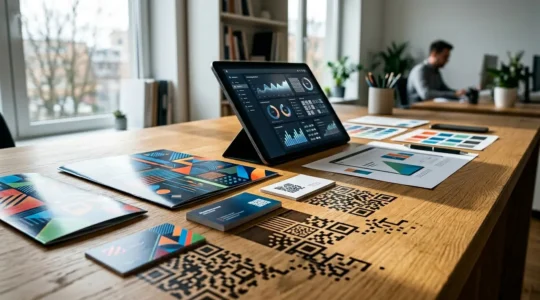 Composition hybride montrant des supports print professionnels et des éléments numériques en harmonie pour illustrer l'intégration marketing