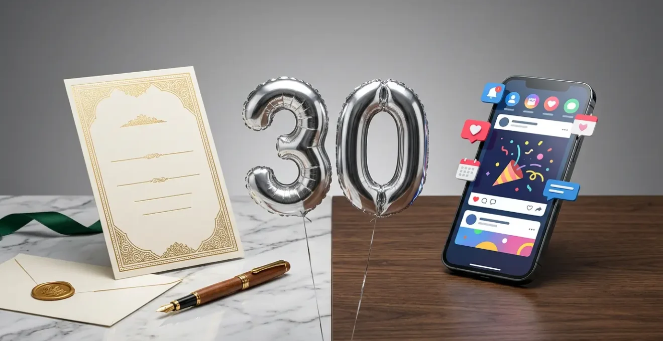 Comparaison visuelle entre une invitation papier élégante et un écran de smartphone affichant un événement Facebook pour un anniversaire de 30 ans