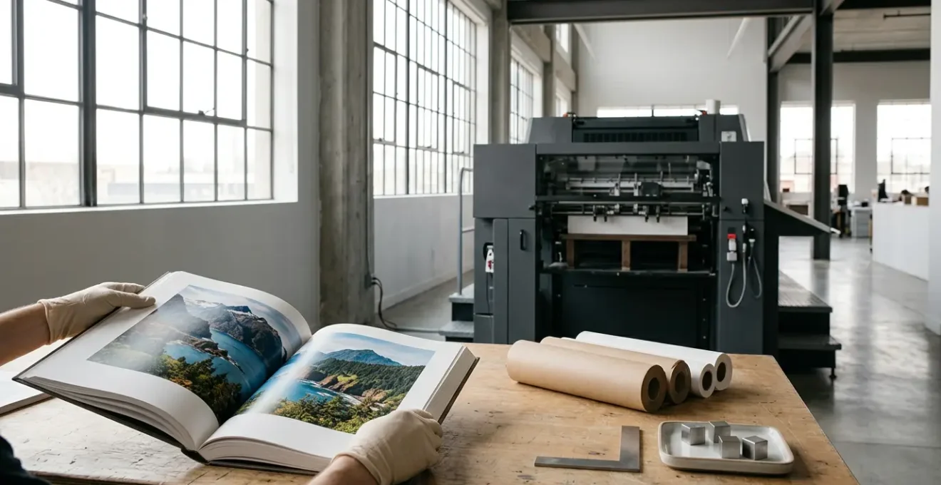 Livre d'art premium ouvert sur une presse d'impression numérique haut de gamme dans un atelier moderne