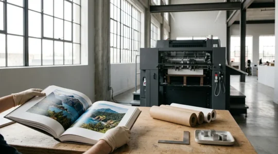Livre d'art premium ouvert sur une presse d'impression numérique haut de gamme dans un atelier moderne