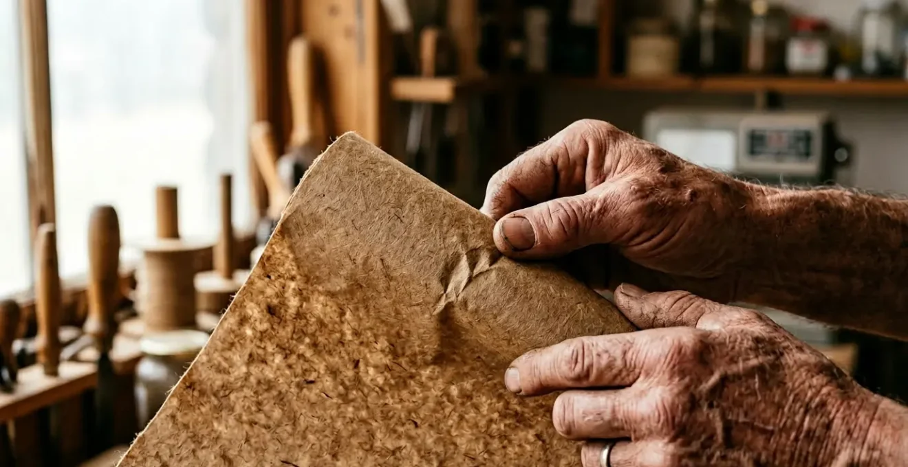 Mains d'artisan manipulant délicatement du papier kraft avec lumière naturelle révélant la texture fibreuse