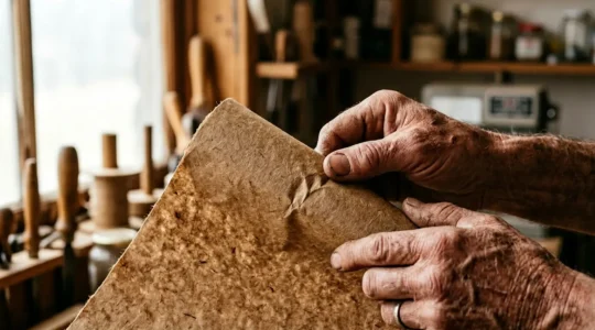 Mains d'artisan manipulant délicatement du papier kraft avec lumière naturelle révélant la texture fibreuse