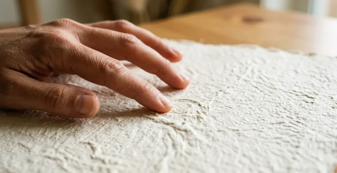 Mains explorant délicatement la texture d'un papier épais et texturé dans une lumière douce et naturelle