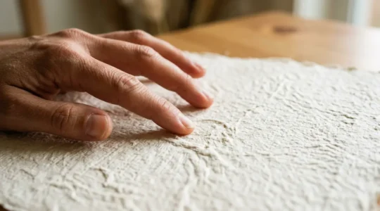 Mains explorant délicatement la texture d'un papier épais et texturé dans une lumière douce et naturelle