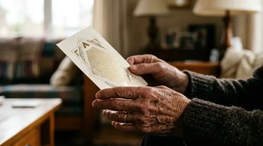 Mains de personnes âgées tenant délicatement une invitation élégante avec une typographie claire et lisible