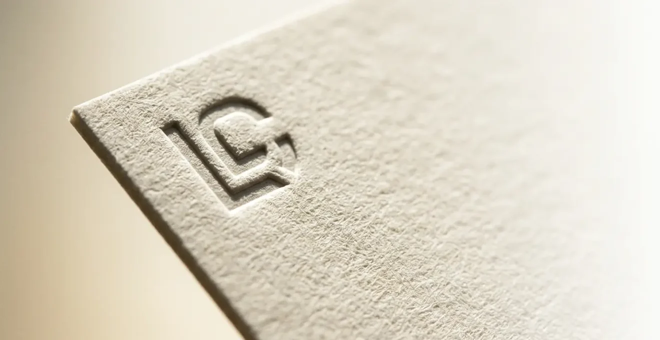 Carte de visite minimaliste sur papier épais texturé avec un seul logo embossé entouré d'espace blanc