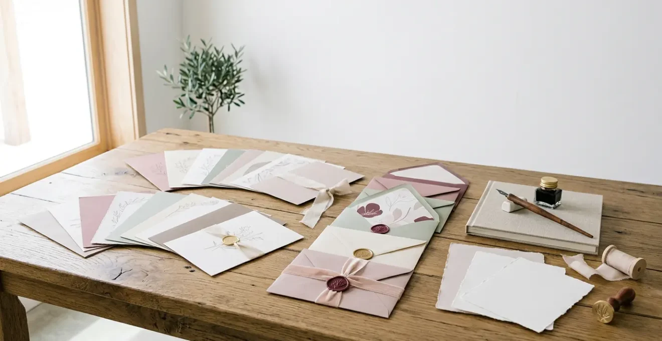 Table d'organisation pour papeterie de mariage avec échantillons de faire-part, enveloppes colorées et accessoires assortis dans un espace lumineux