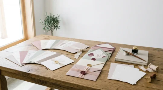 Table d'organisation pour papeterie de mariage avec échantillons de faire-part, enveloppes colorées et accessoires assortis dans un espace lumineux