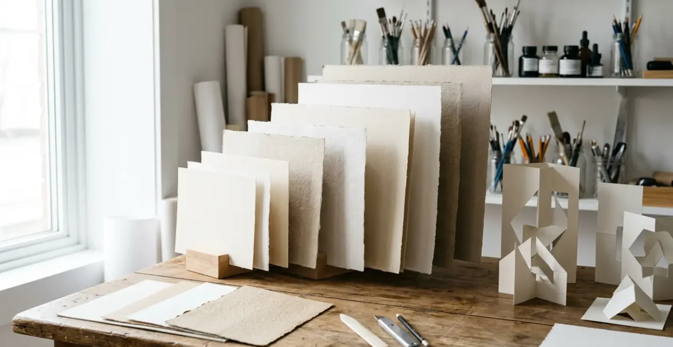 Atelier d'artiste avec papiers épais texturés et outils de création DIY dans une lumière naturelle