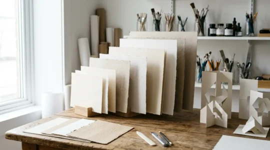 Atelier d'artiste avec papiers épais texturés et outils de création DIY dans une lumière naturelle