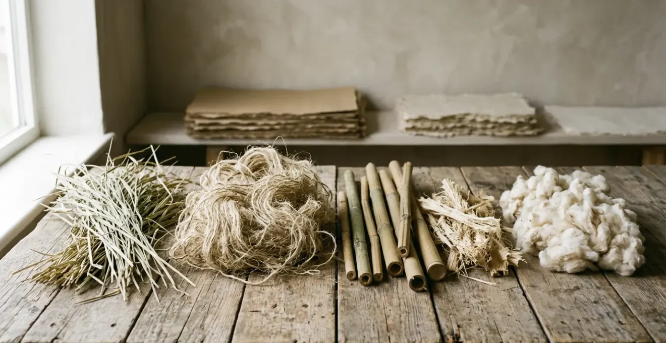 Matières premières naturelles pour papier alternatif : herbe, chanvre et fibres végétales disposées sur une surface en bois
