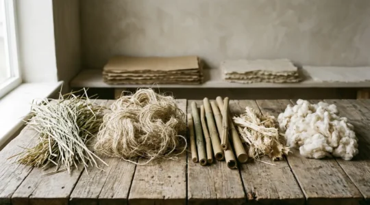 Matières premières naturelles pour papier alternatif : herbe, chanvre et fibres végétales disposées sur une surface en bois
